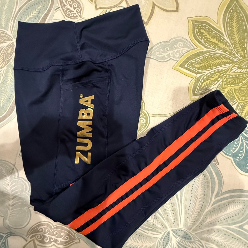 Zumba Fitness Navy Leggings with gold letters and Bold Orange Stripes